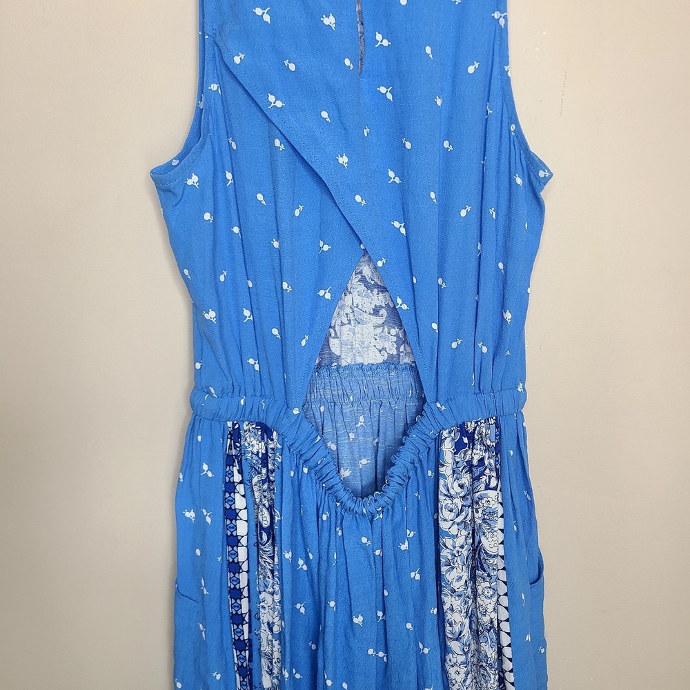 Loft Midi Dress XS Blue Floral Sleeveless Back Cut Out Pockets Drawstring - Picture 5 of 7